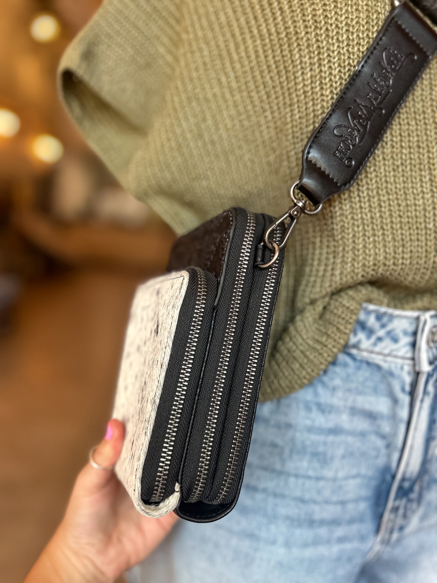 Sadler Cowhide Crossbody in Black