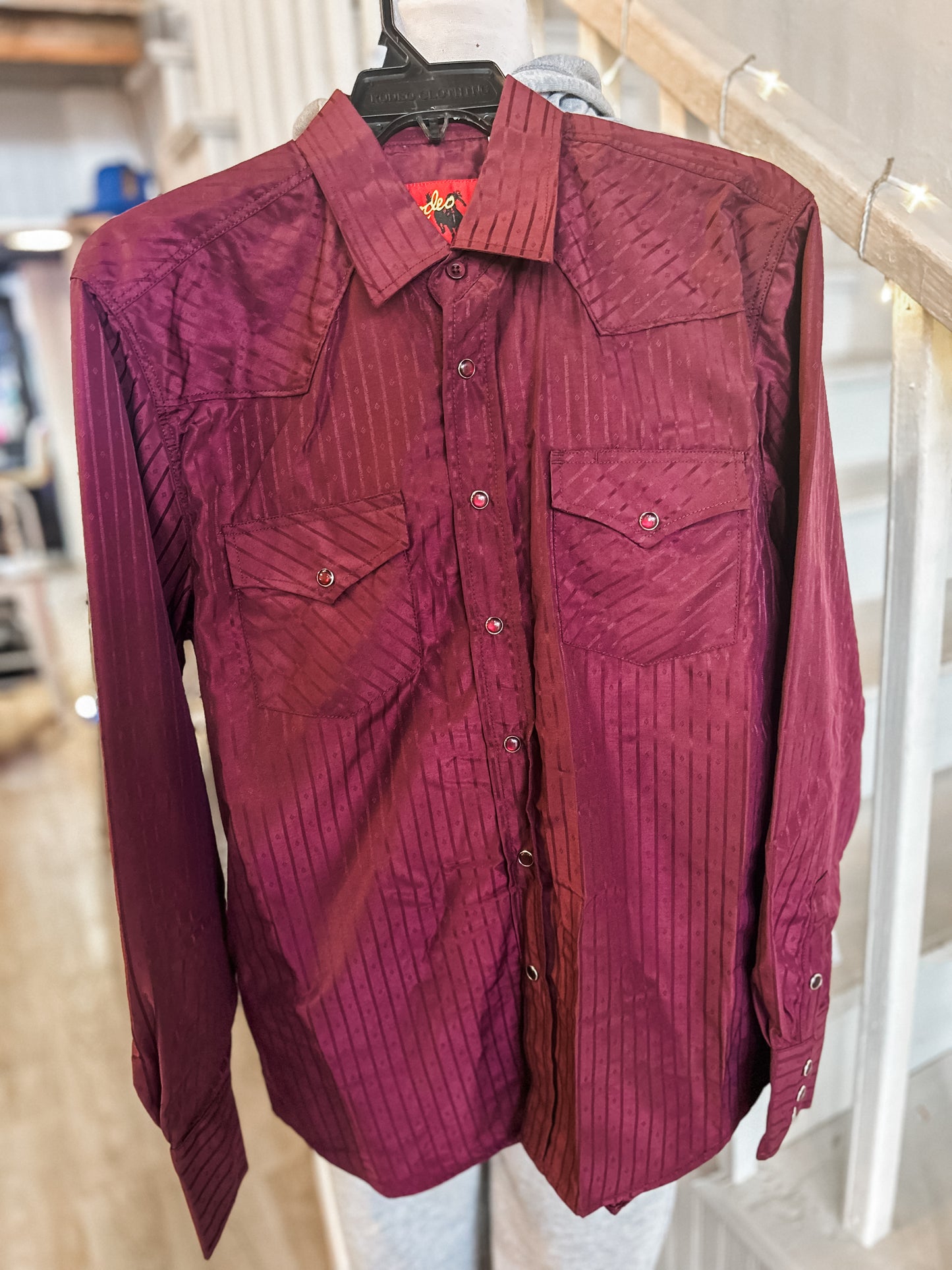 Merlot Dobby Stripe Pearl Snap Button Up