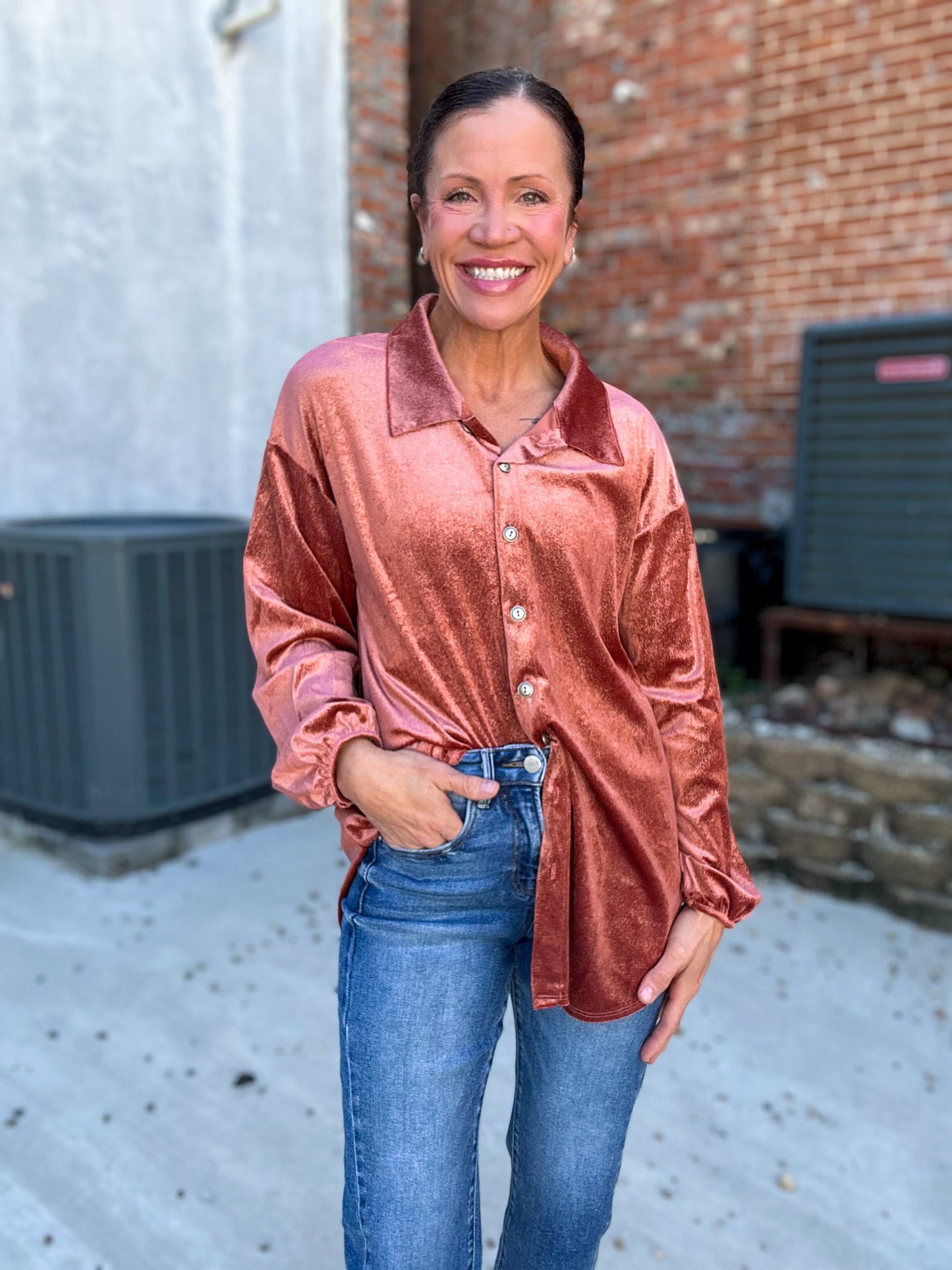 Hagan Velvet Button Down Top